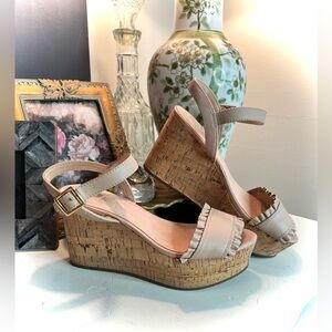 Kate Spade Tomas Cork Leather Ruffle Sandal Wedges